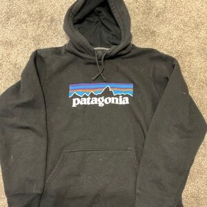 Patagonia Black Hoodie with Blue and Purple Accents